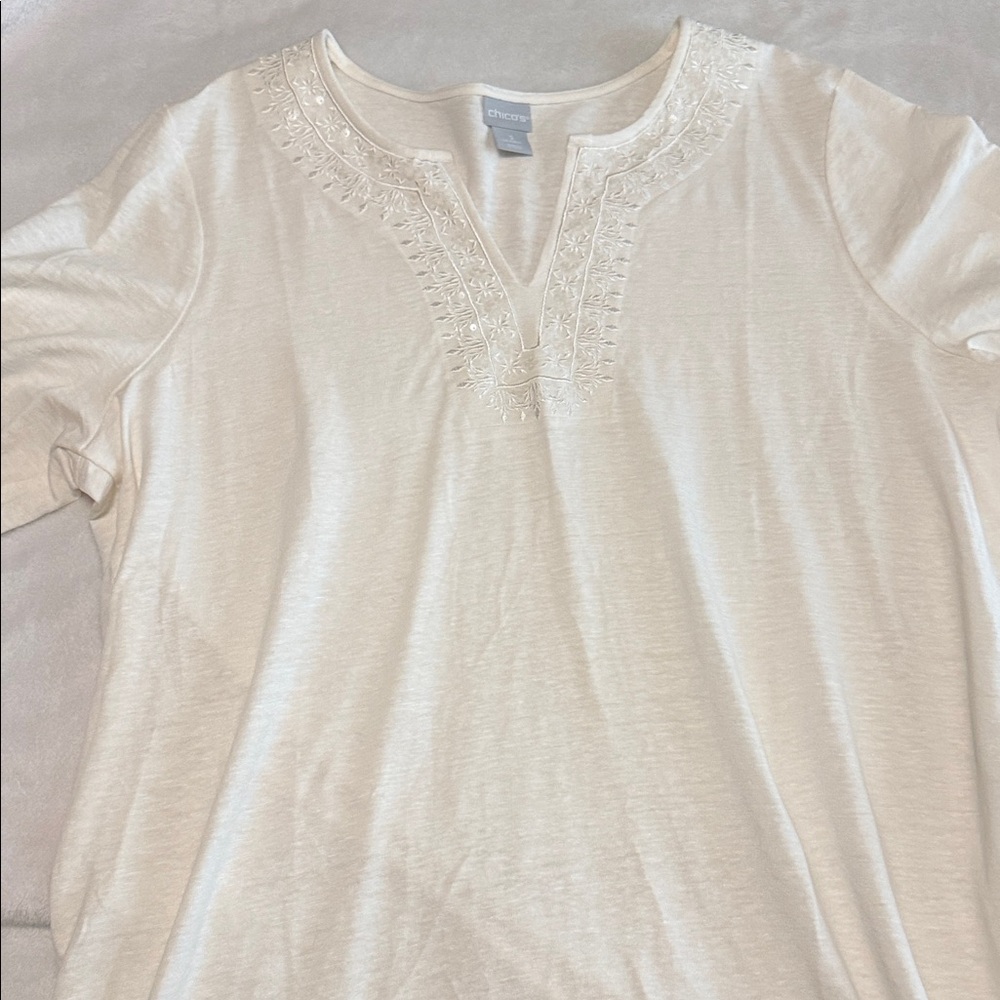 croft & barrow Cream Embroidered Split-Neck Short Sleeve Top